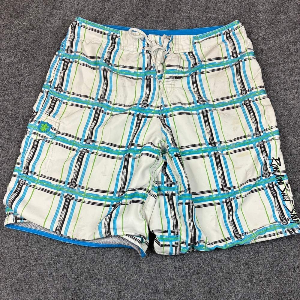 Ron Jon Surf Shop Mens Board Shorts‎ Size 34 White Blue Green Plaid Swim Trunks
